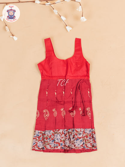 Maroon Kalamkari Printed - Girls Readymade Cotton Pavadai Sattai