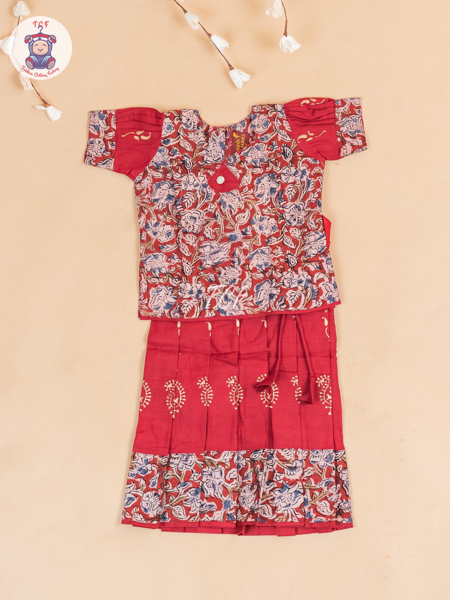 Maroon Kalamkari Printed - Girls Readymade Cotton Pavadai Sattai