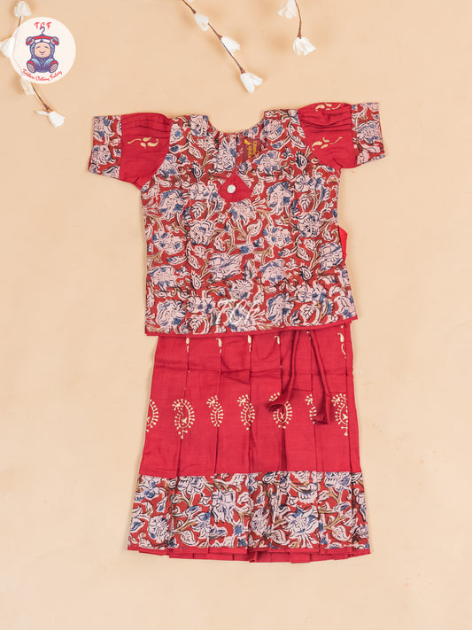 Maroon Kalamkari Printed - Girls Readymade Cotton Pavadai Sattai