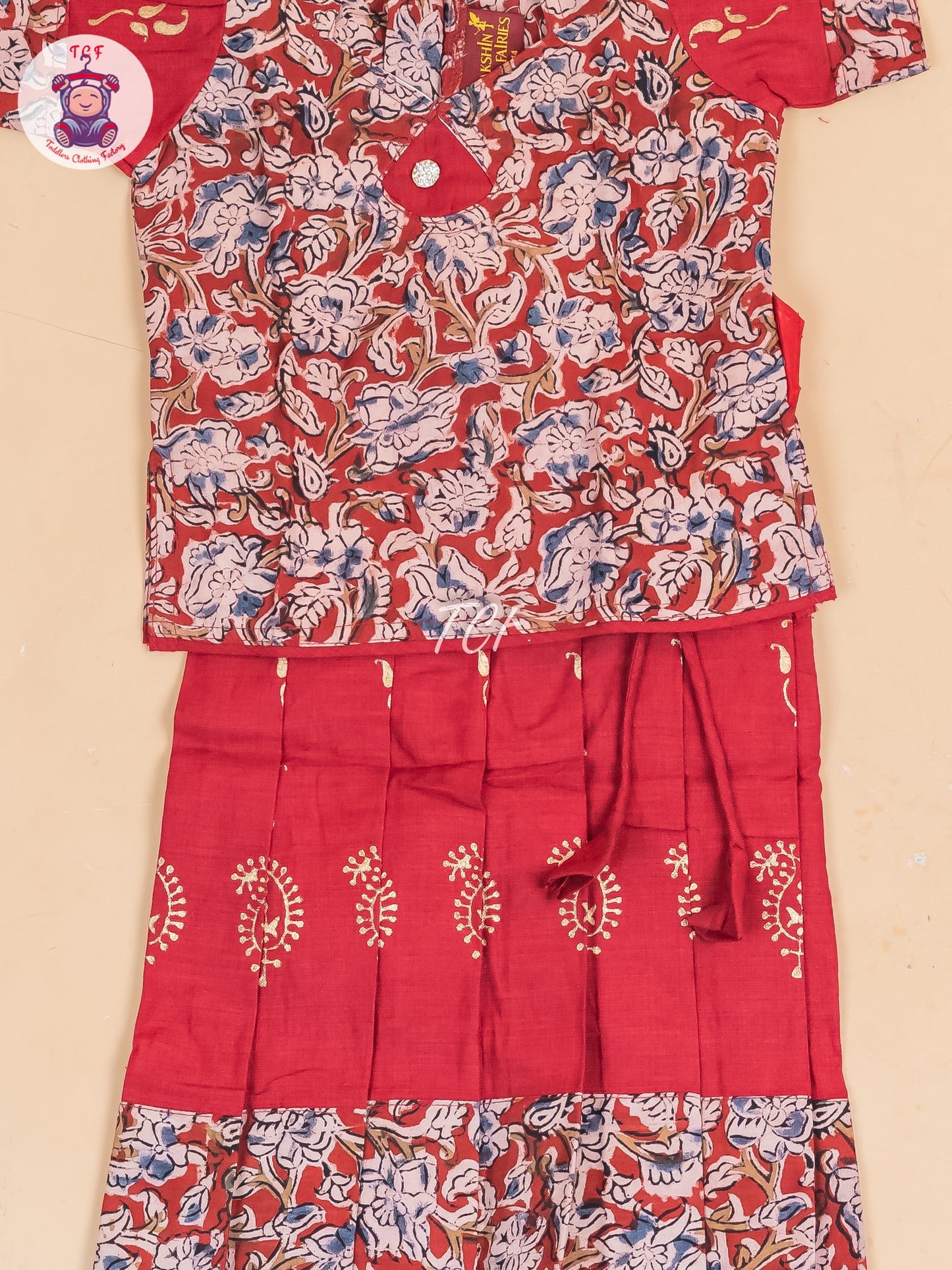 Maroon Kalamkari Printed - Girls Readymade Cotton Pavadai Sattai