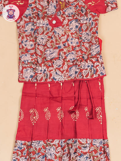 Maroon Kalamkari Printed - Girls Readymade Cotton Pavadai Sattai