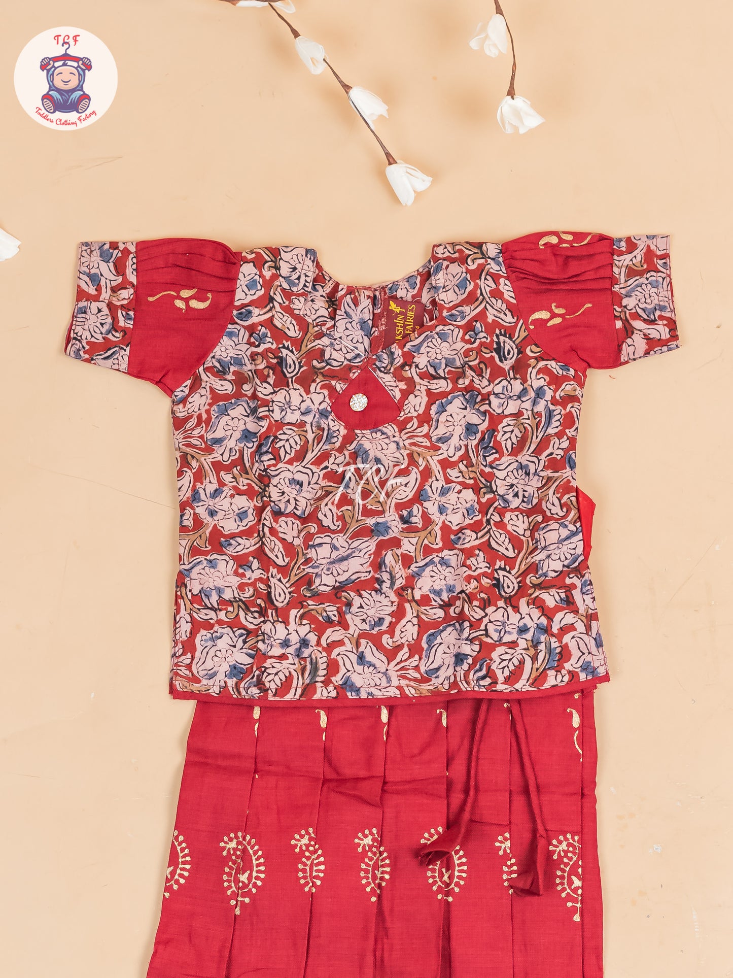 Maroon Kalamkari Printed - Girls Readymade Cotton Pavadai Sattai