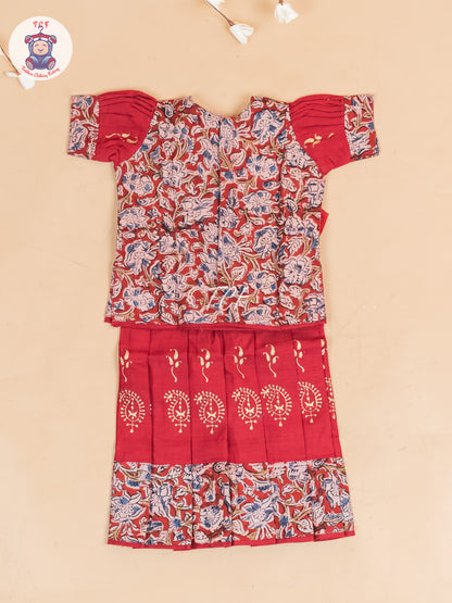 Maroon Kalamkari Printed - Girls Readymade Cotton Pavadai Sattai