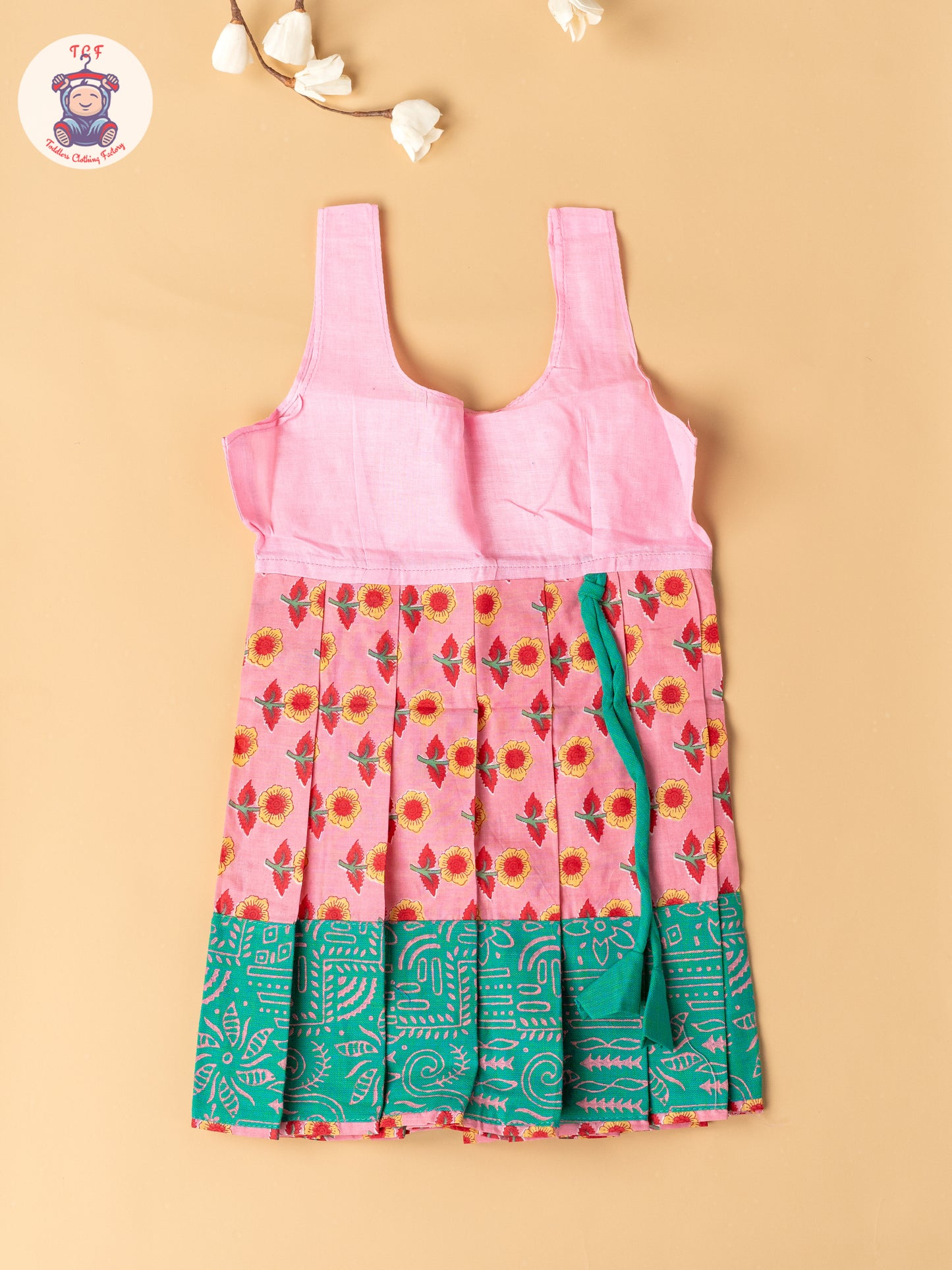 Light Green & Light Pink  - Girls Readymade Floral Printed Cotton Pavadai Sattai