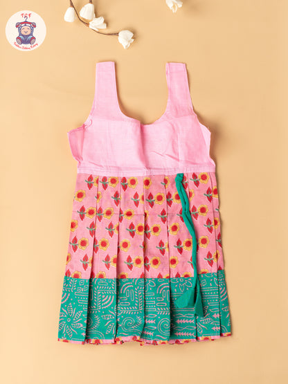 Light Green & Light Pink  - Girls Readymade Floral Printed Cotton Pavadai Sattai