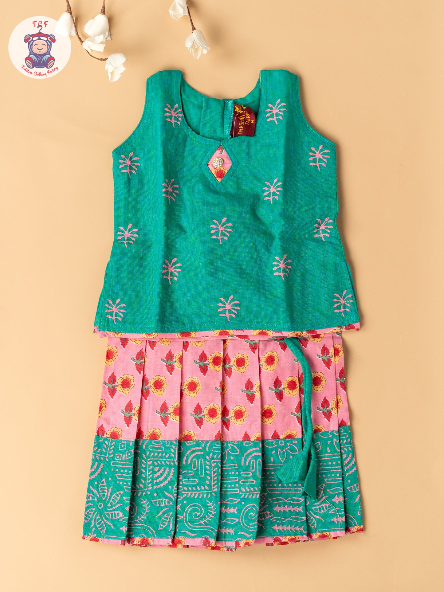 Light Green & Light Pink  - Girls Readymade Floral Printed Cotton Pavadai Sattai