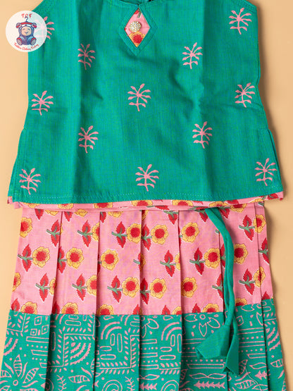 Light Green & Light Pink  - Girls Readymade Floral Printed Cotton Pavadai Sattai
