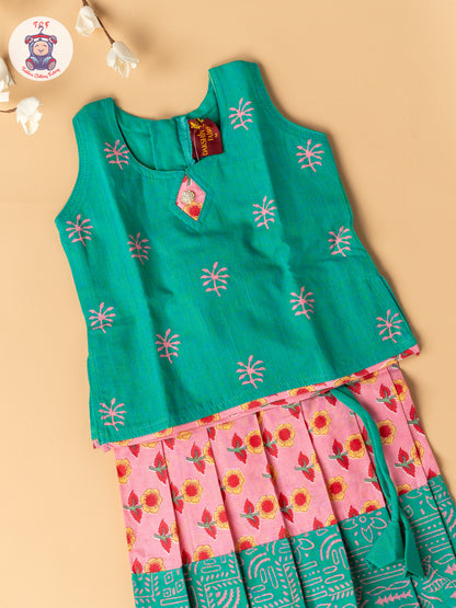 Light Green & Light Pink  - Girls Readymade Floral Printed Cotton Pavadai Sattai
