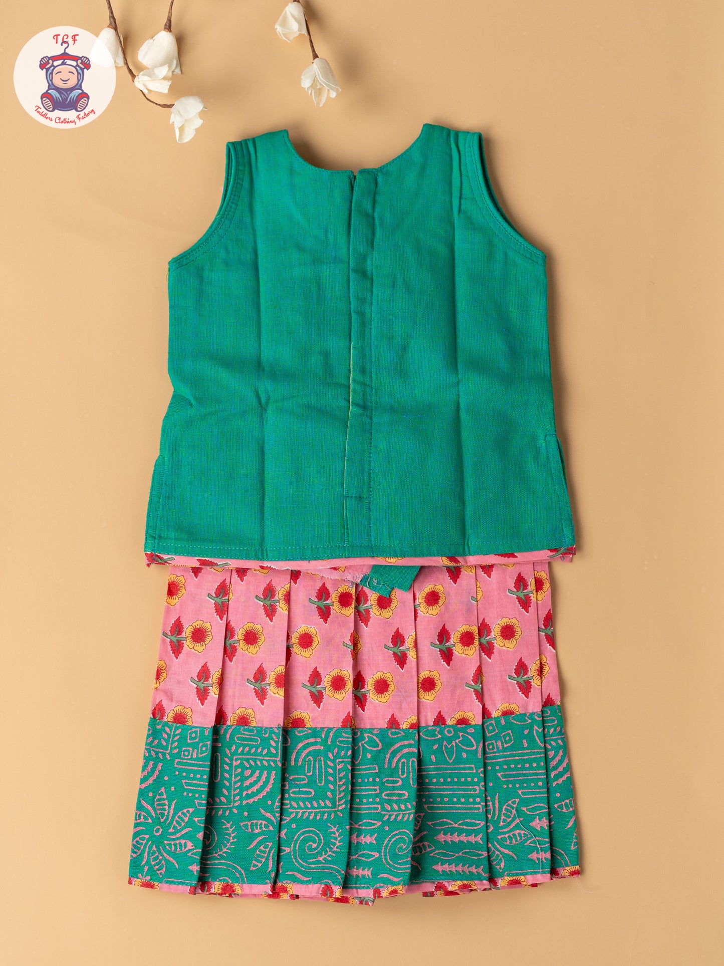 Light Green & Light Pink  - Girls Readymade Floral Printed Cotton Pavadai Sattai