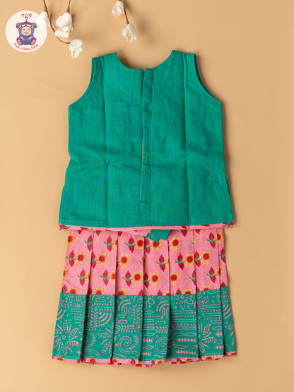 Light Green & Light Pink  - Girls Readymade Floral Printed Cotton Pavadai Sattai