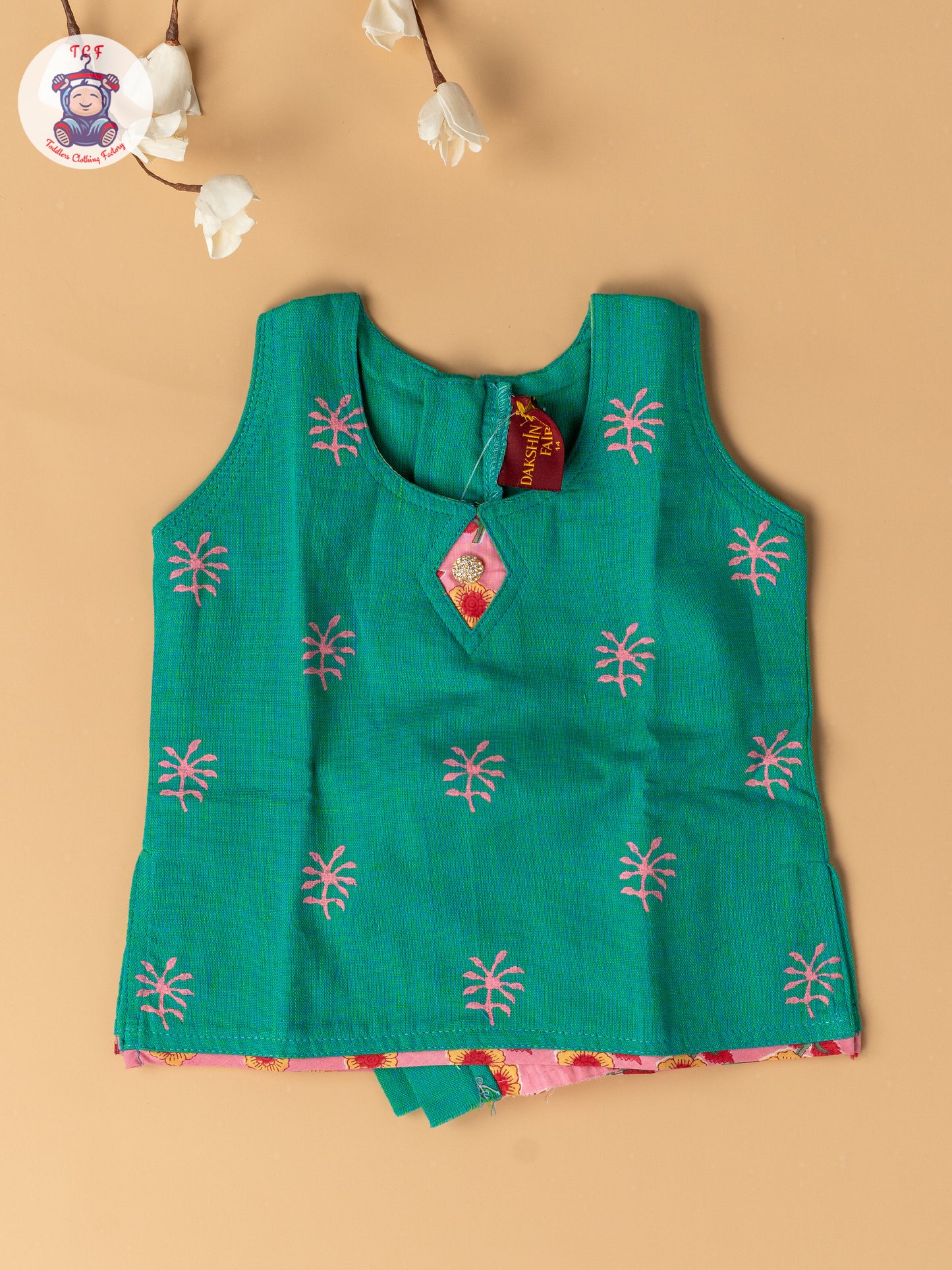 Light Green & Light Pink  - Girls Readymade Floral Printed Cotton Pavadai Sattai