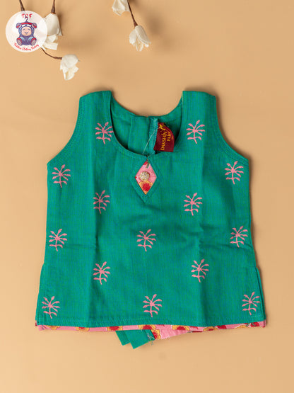 Light Green & Light Pink  - Girls Readymade Floral Printed Cotton Pavadai Sattai