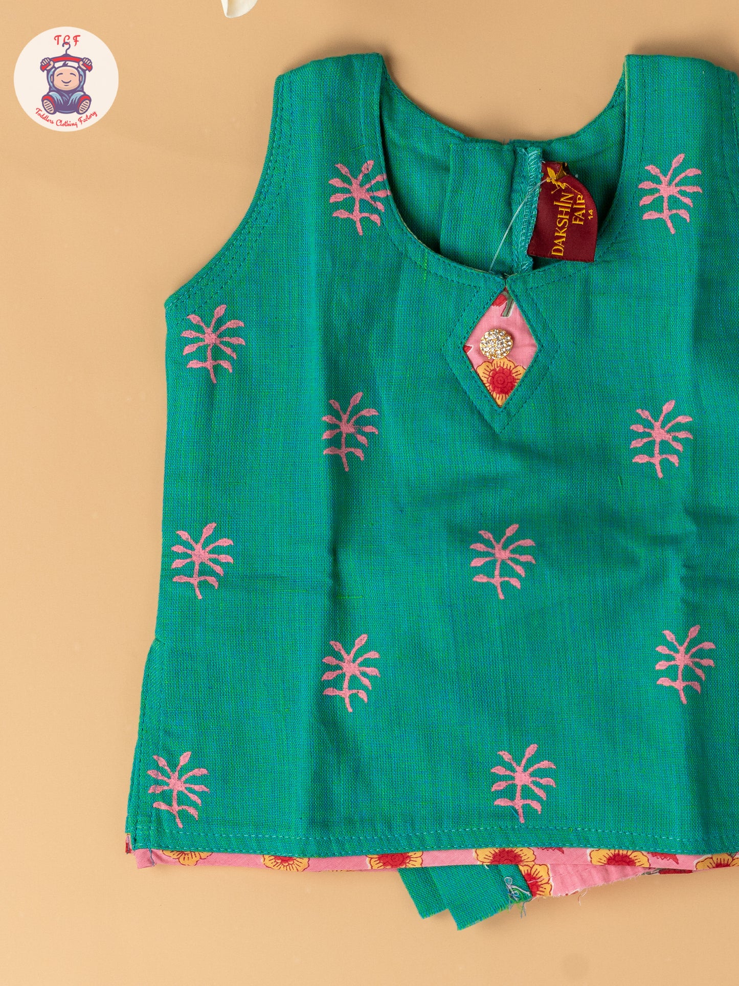 Light Green & Light Pink  - Girls Readymade Floral Printed Cotton Pavadai Sattai