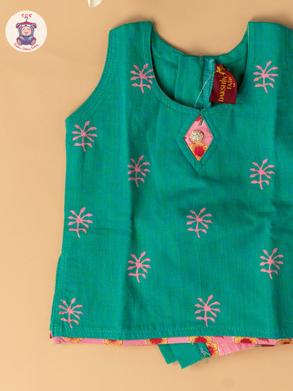 Light Green & Light Pink  - Girls Readymade Floral Printed Cotton Pavadai Sattai