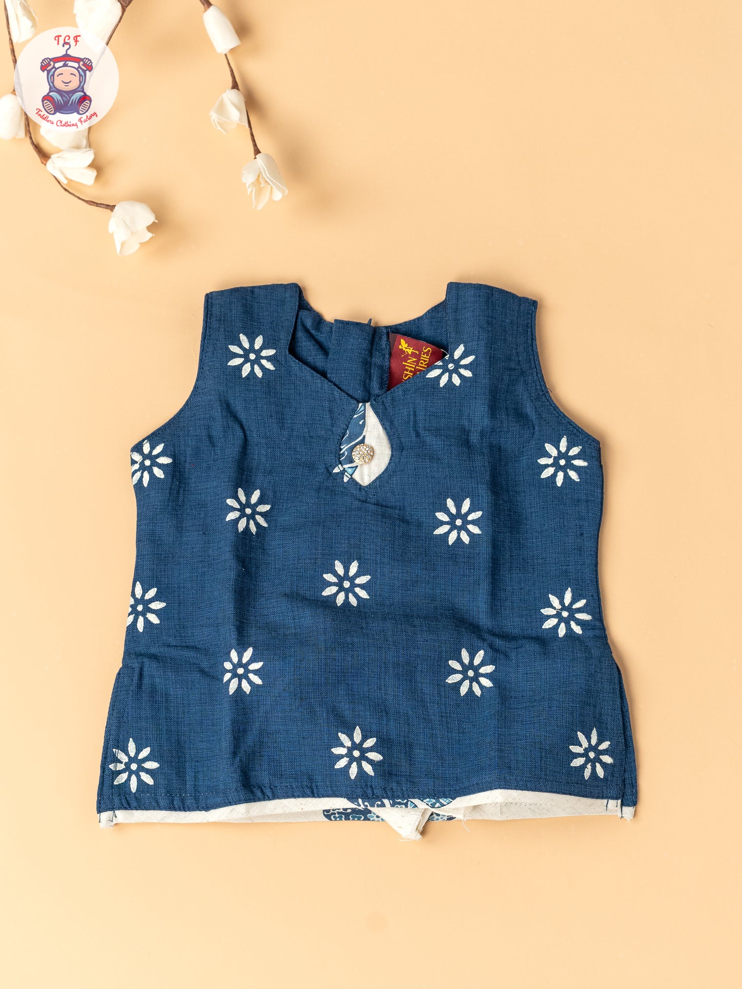Navy Blue & Cream - Girls Readymade Cotton Pavadai Sattai
