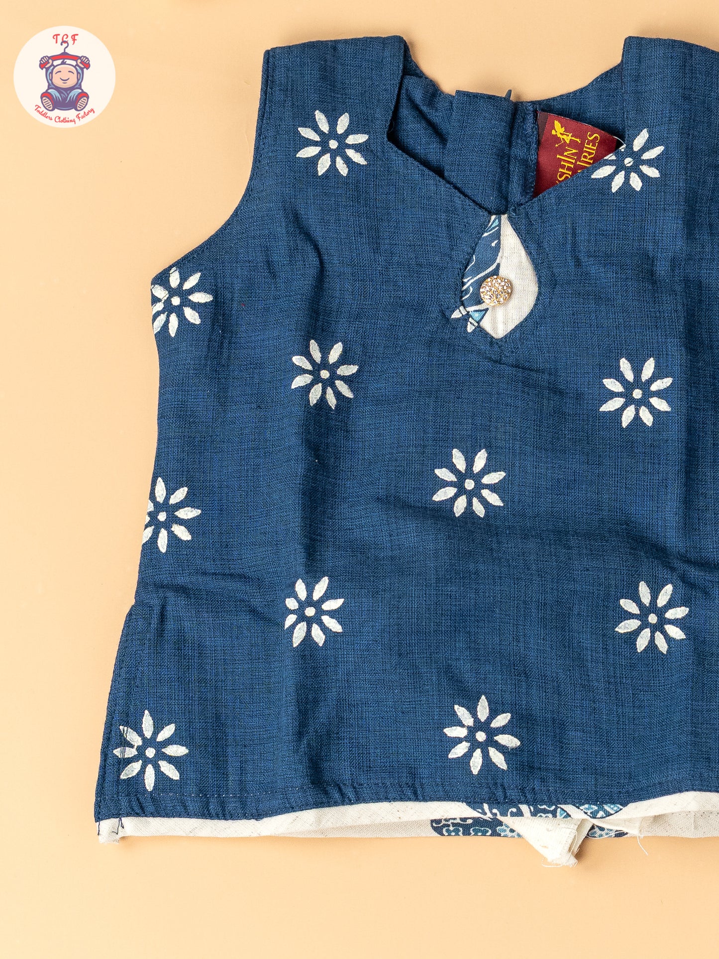 Navy Blue & Cream - Girls Readymade Cotton Pavadai Sattai