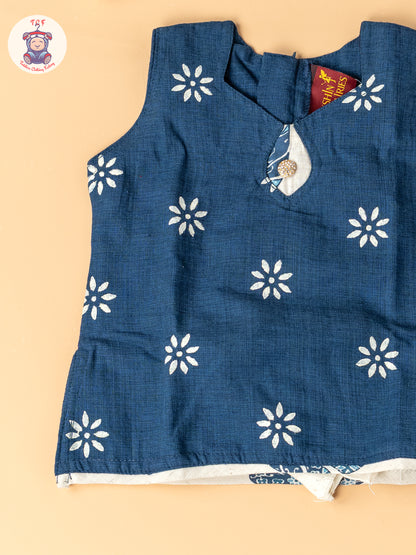 Navy Blue & Cream - Girls Readymade Cotton Pavadai Sattai