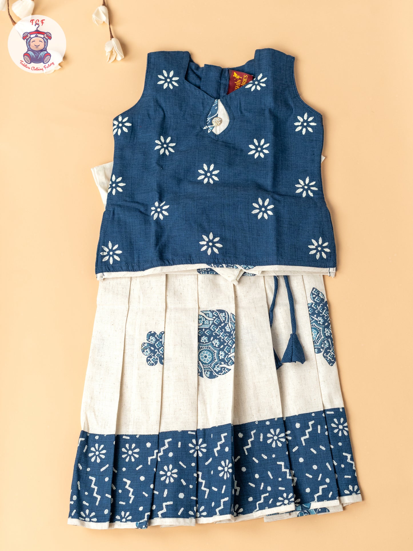 Navy Blue & Cream - Girls Readymade Cotton Pavadai Sattai