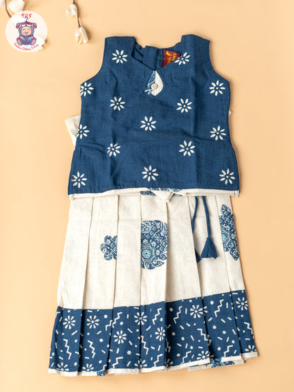 Navy Blue & Cream - Girls Readymade Cotton Pavadai Sattai