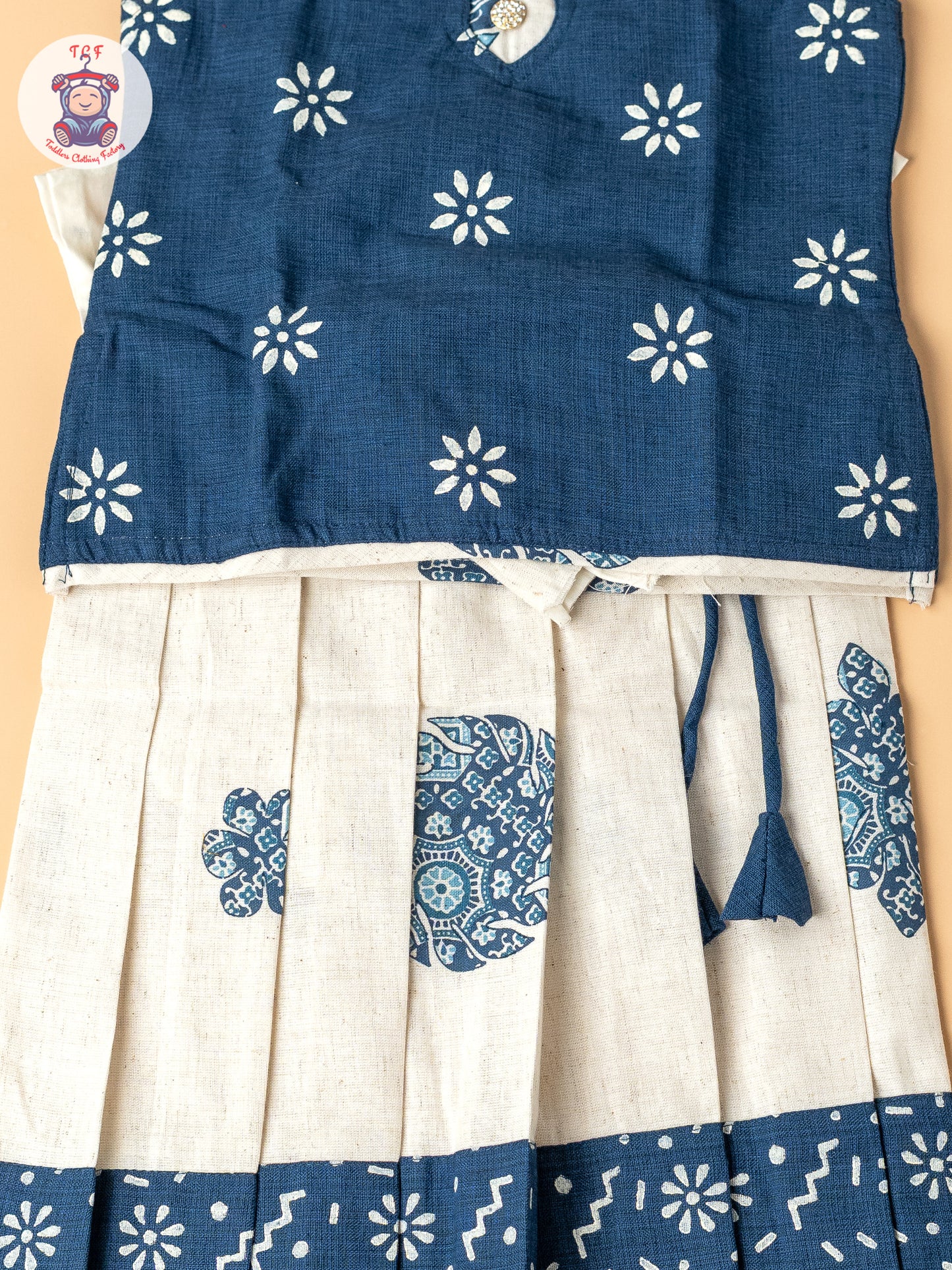 Navy Blue & Cream - Girls Readymade Cotton Pavadai Sattai