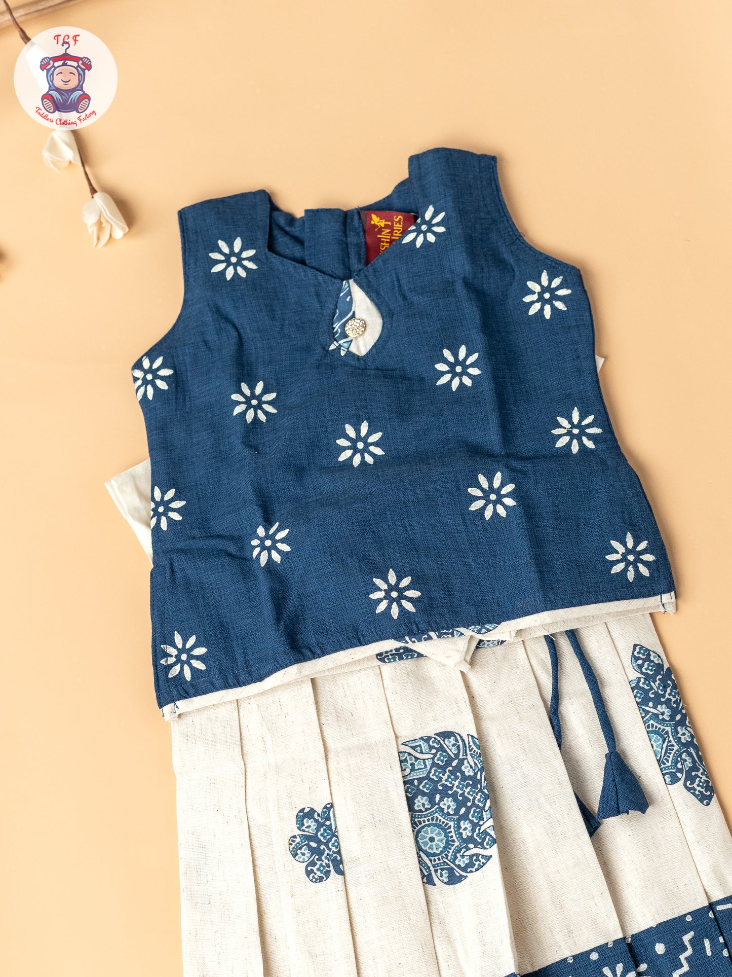Navy Blue & Cream - Girls Readymade Cotton Pavadai Sattai