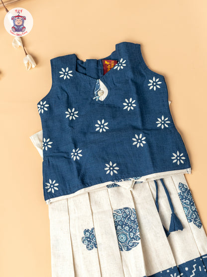 Navy Blue & Cream - Girls Readymade Cotton Pavadai Sattai