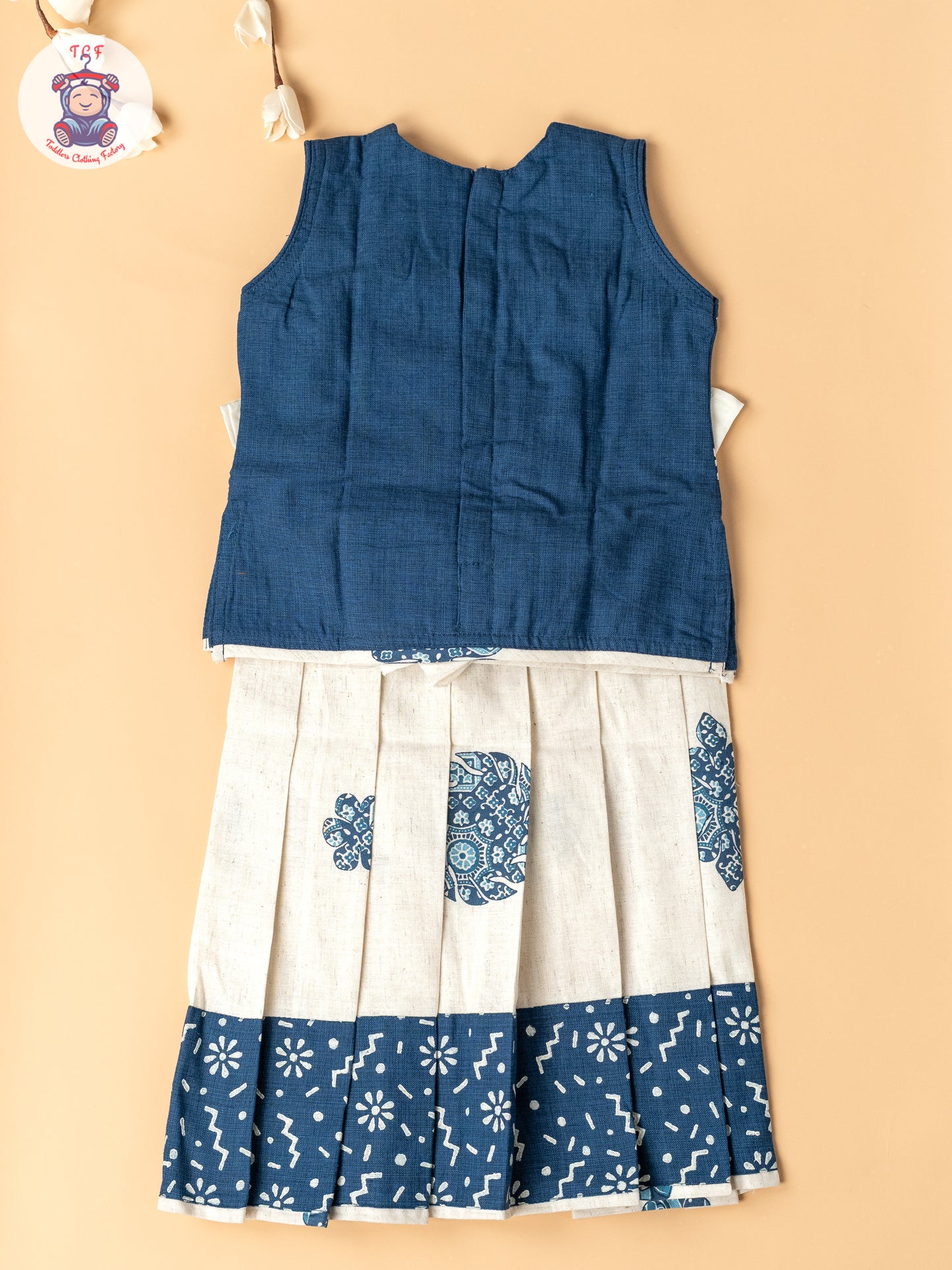 Navy Blue & Cream - Girls Readymade Cotton Pavadai Sattai