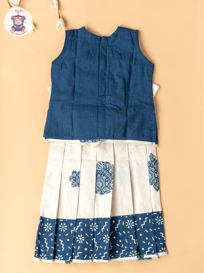 Navy Blue & Cream - Girls Readymade Cotton Pavadai Sattai