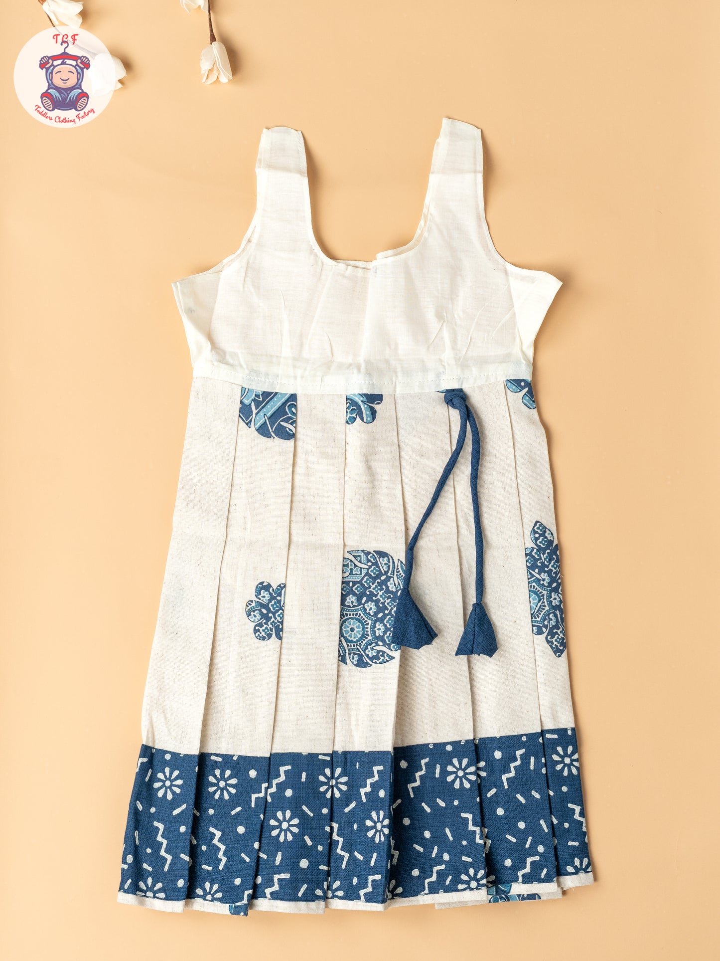 Navy Blue & Cream - Girls Readymade Cotton Pavadai Sattai