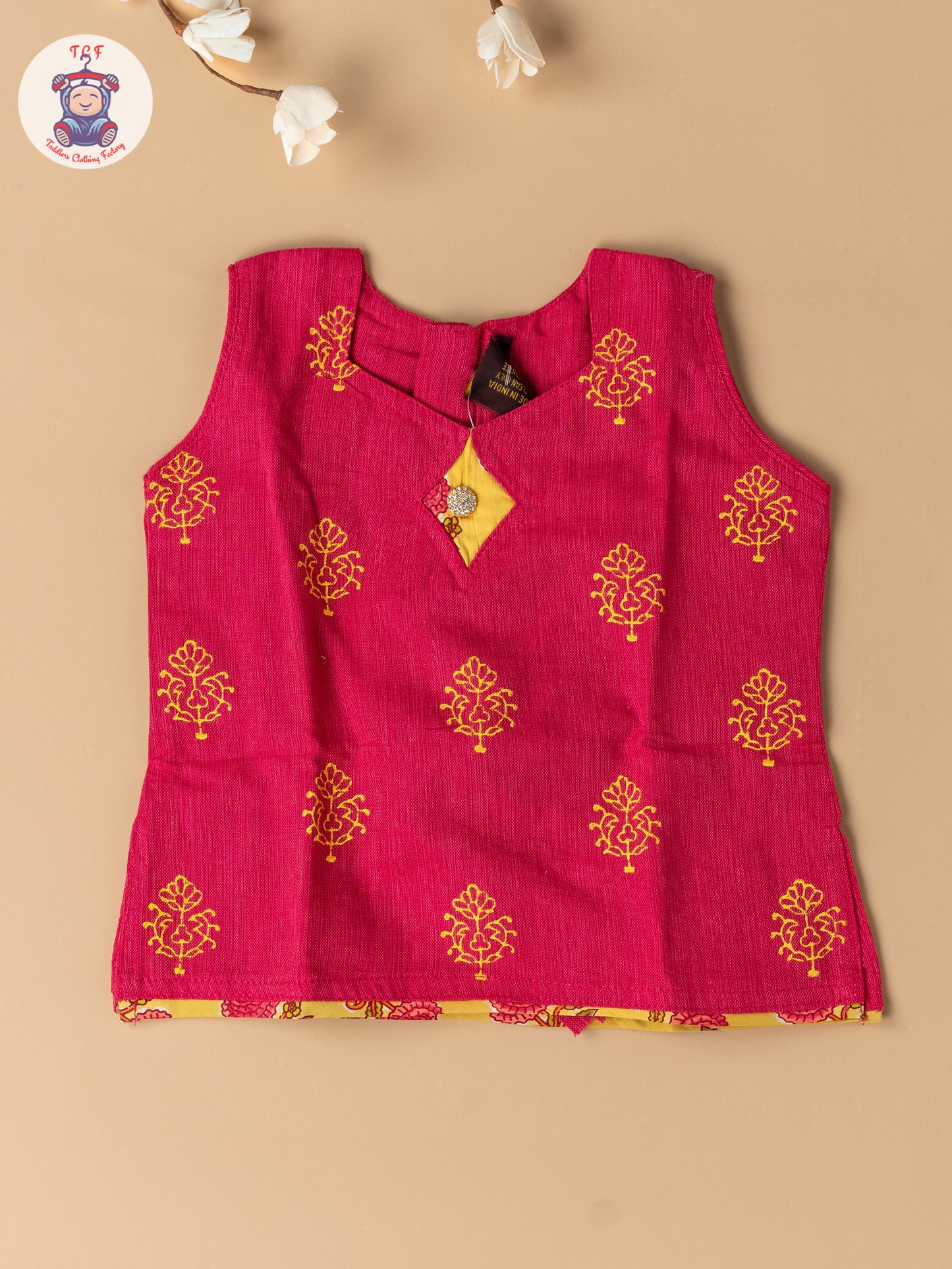 Pink & Lemon Yellow - Girls Readymade Floral Printed Cotton Pavadai Sattai