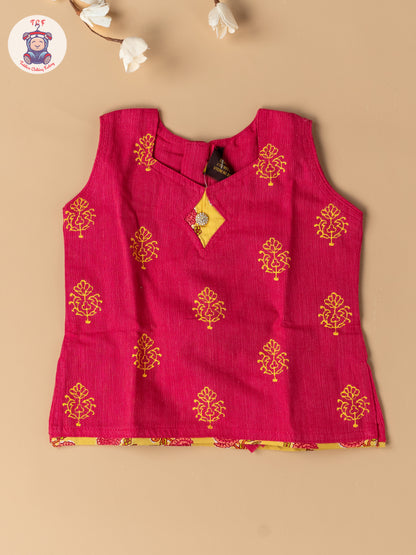 Pink & Lemon Yellow - Girls Readymade Floral Printed Cotton Pavadai Sattai