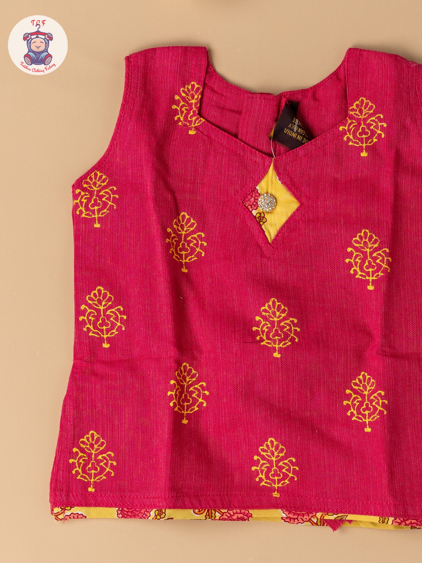 Pink & Lemon Yellow - Girls Readymade Floral Printed Cotton Pavadai Sattai