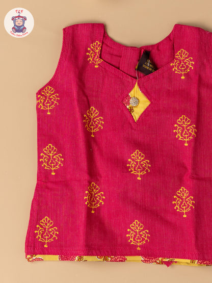 Pink & Lemon Yellow - Girls Readymade Floral Printed Cotton Pavadai Sattai