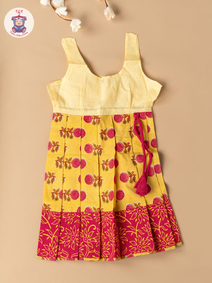 Pink & Lemon Yellow - Girls Readymade Floral Printed Cotton Pavadai Sattai