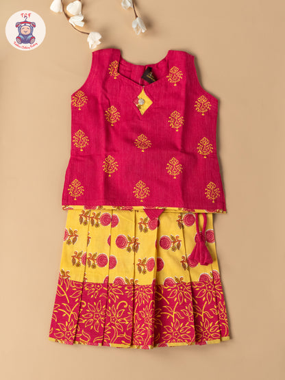 Pink & Lemon Yellow - Girls Readymade Floral Printed Cotton Pavadai Sattai