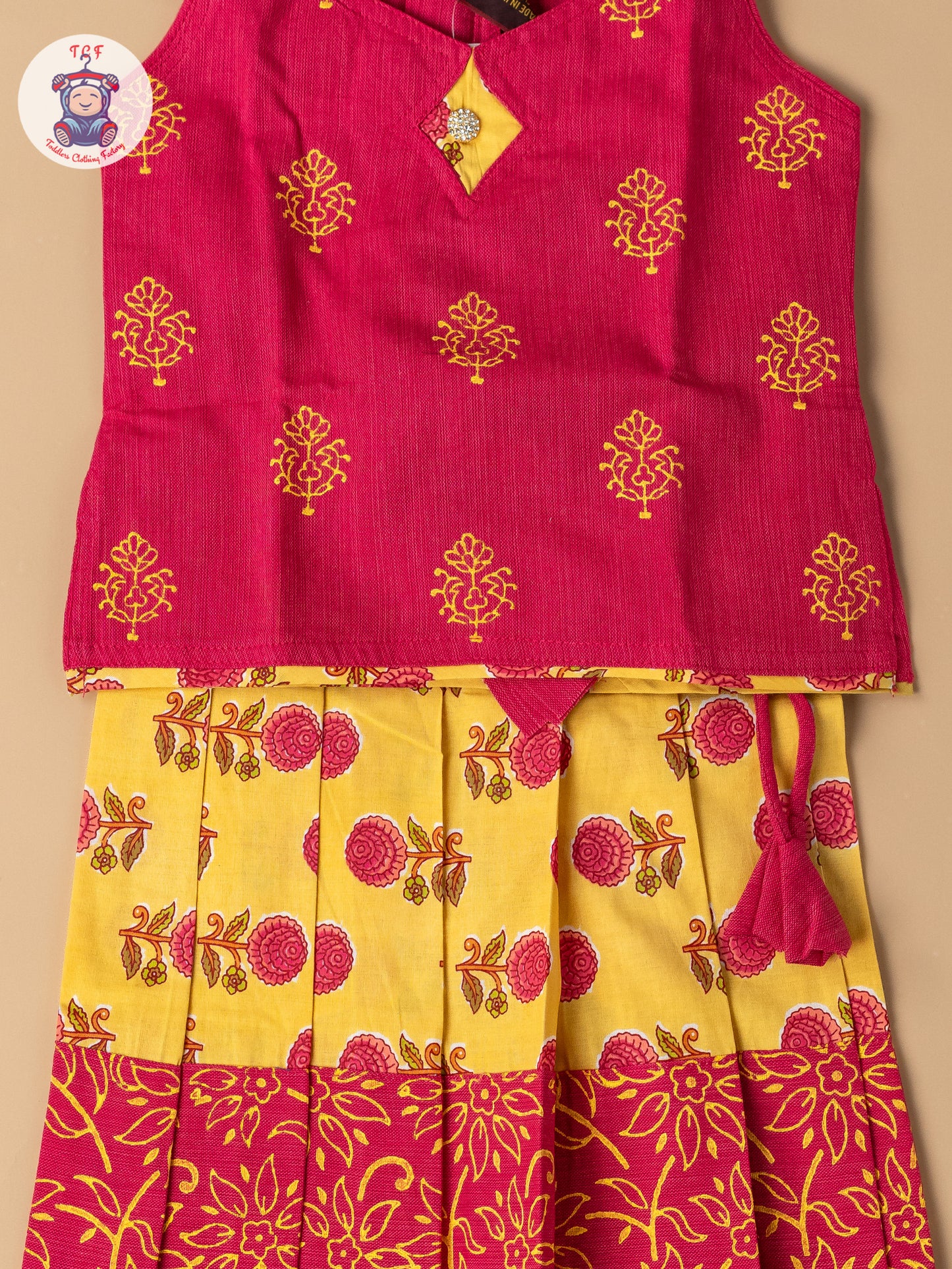 Pink & Lemon Yellow - Girls Readymade Floral Printed Cotton Pavadai Sattai