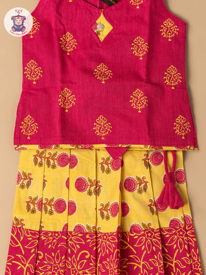 Pink & Lemon Yellow - Girls Readymade Floral Printed Cotton Pavadai Sattai