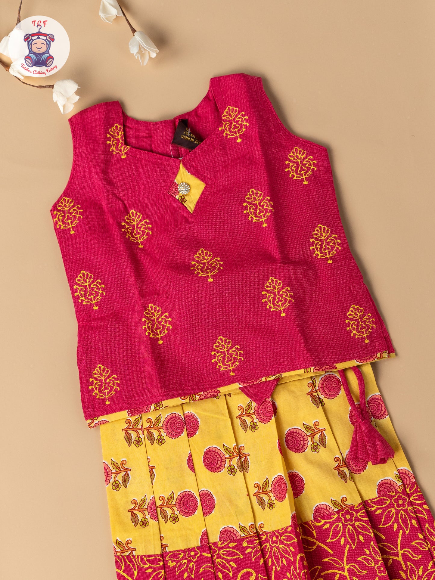 Pink & Lemon Yellow - Girls Readymade Floral Printed Cotton Pavadai Sattai