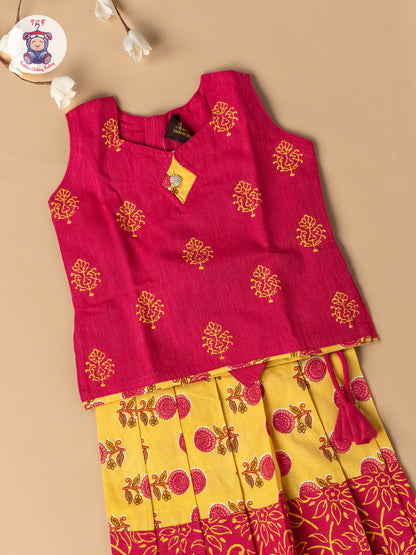 Pink & Lemon Yellow - Girls Readymade Floral Printed Cotton Pavadai Sattai