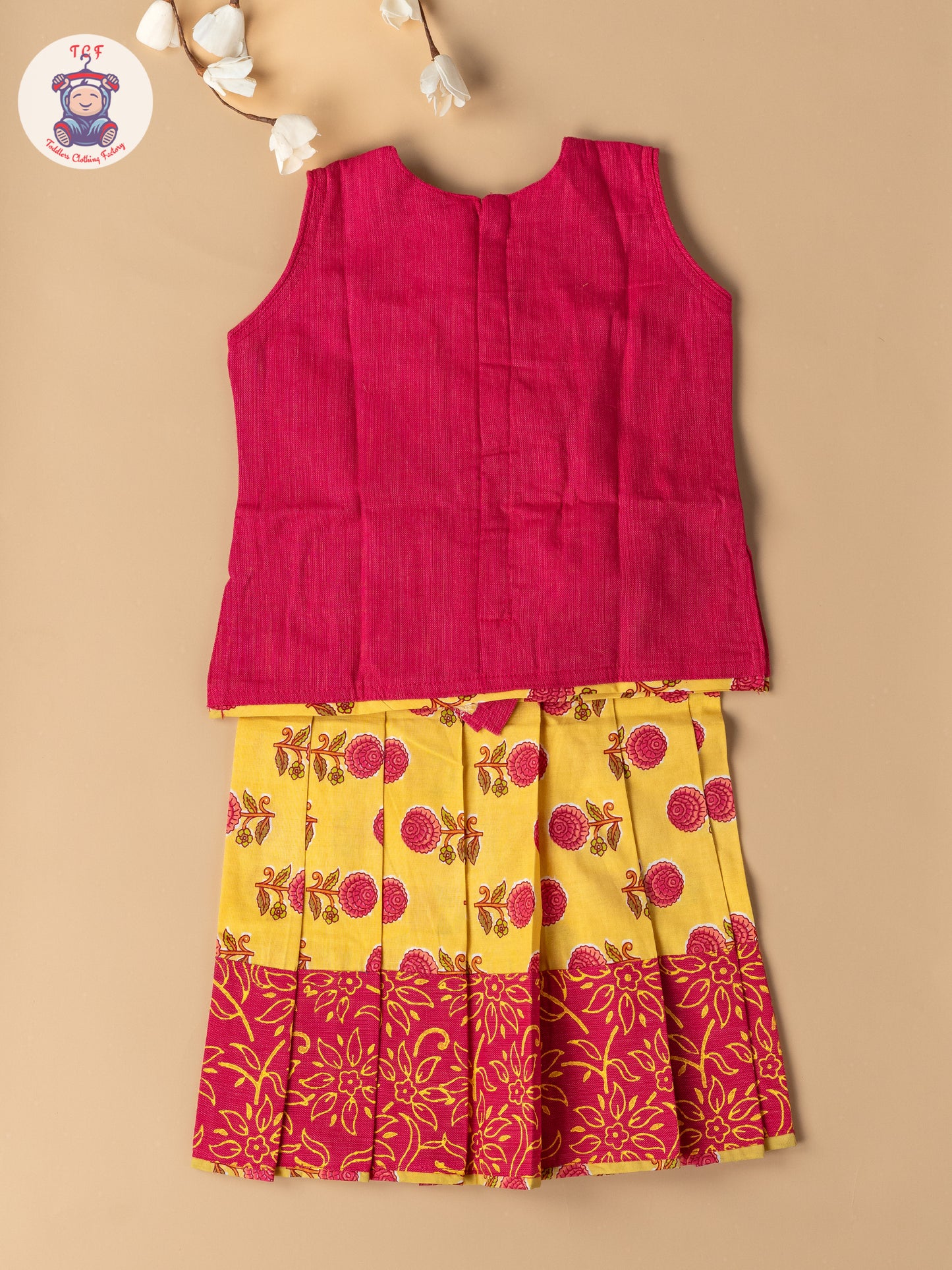 Pink & Lemon Yellow - Girls Readymade Floral Printed Cotton Pavadai Sattai