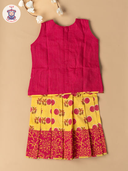 Pink & Lemon Yellow - Girls Readymade Floral Printed Cotton Pavadai Sattai