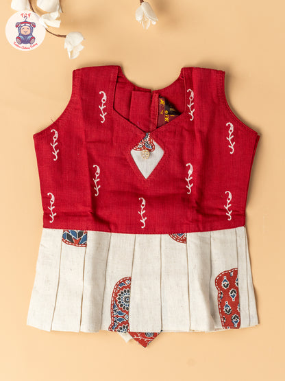 Red & Cream - Girls Readymade Cotton Pavadai Sattai