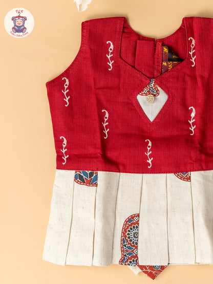 Red & Cream - Girls Readymade Cotton Pavadai Sattai