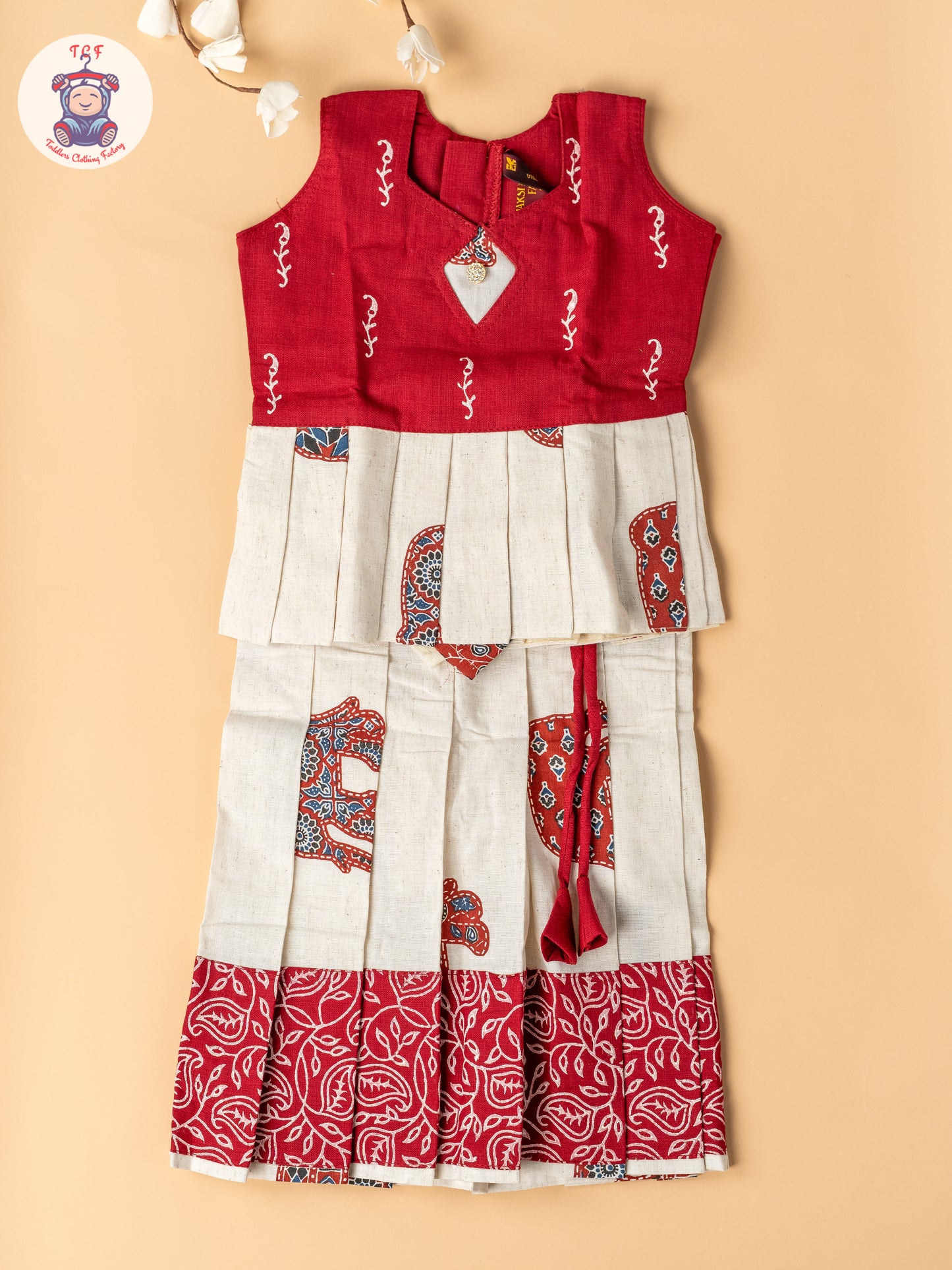 Red & Cream - Girls Readymade Cotton Pavadai Sattai