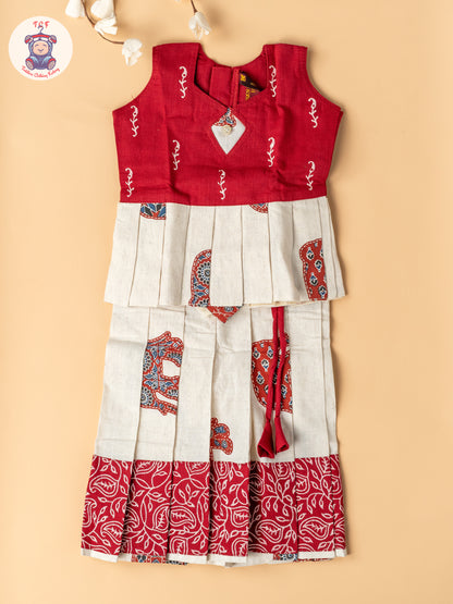 Red & Cream - Girls Readymade Cotton Pavadai Sattai
