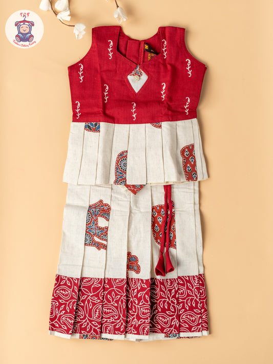 Red & Cream - Girls Readymade Cotton Pavadai Sattai