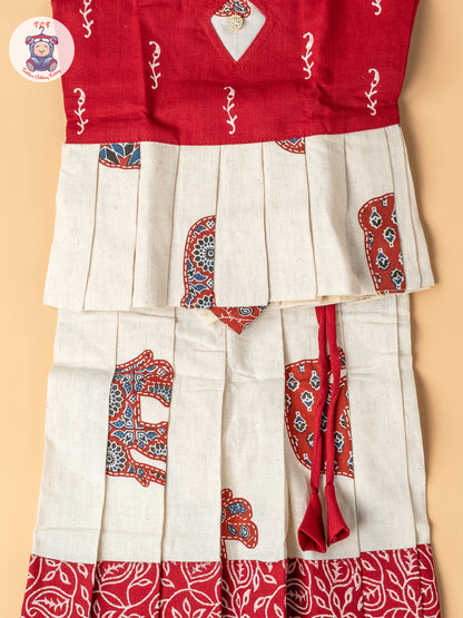 Red & Cream - Girls Readymade Cotton Pavadai Sattai