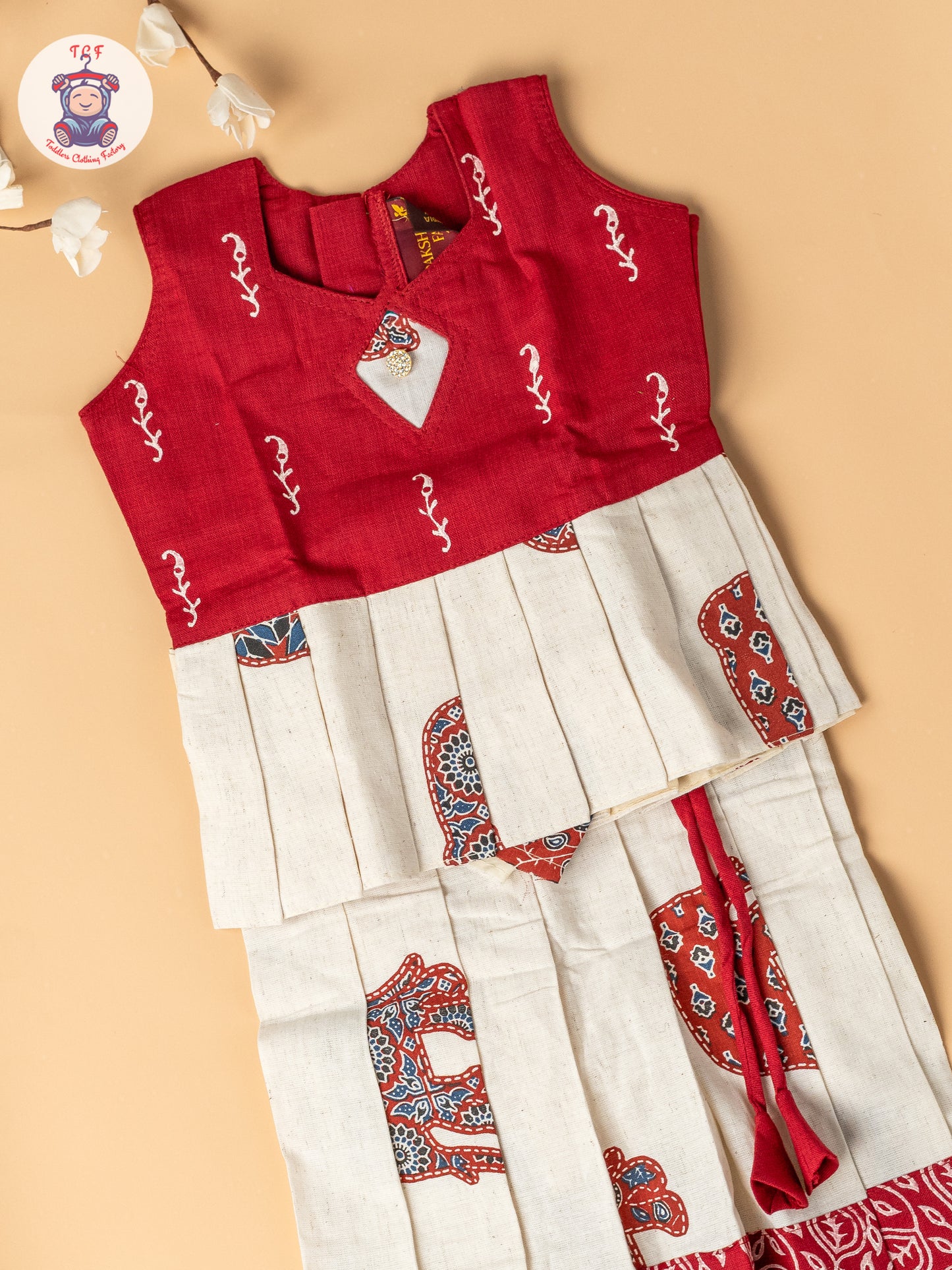 Red & Cream - Girls Readymade Cotton Pavadai Sattai