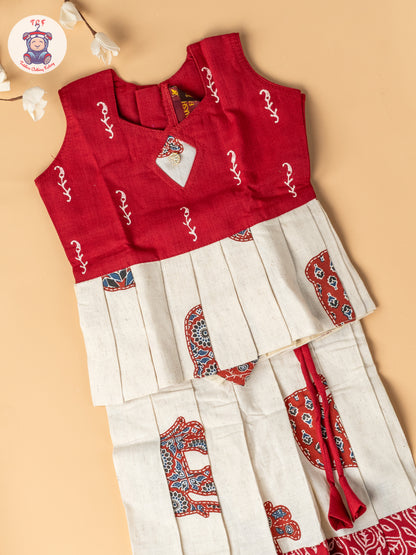 Red & Cream - Girls Readymade Cotton Pavadai Sattai