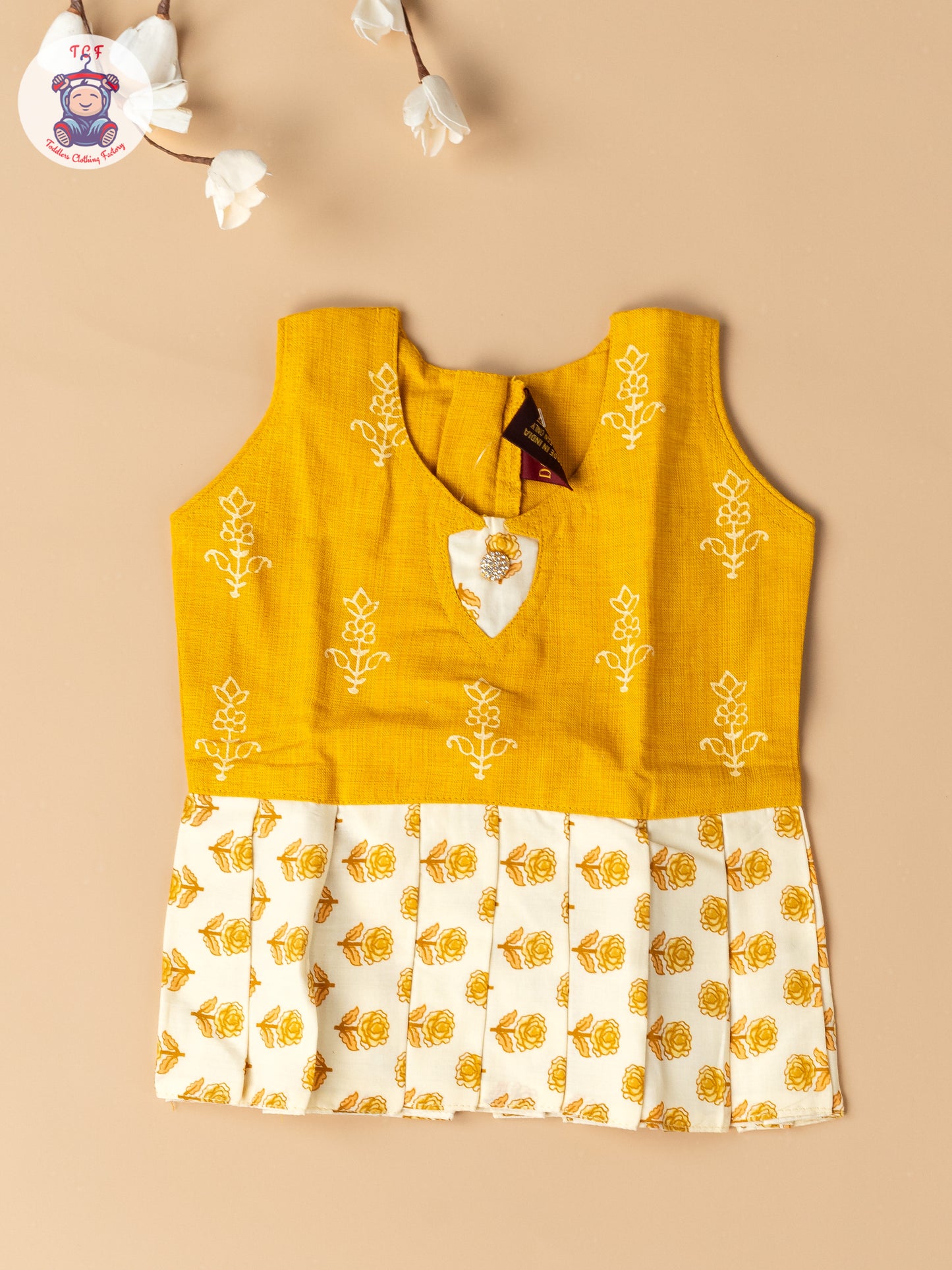 Light Yellow & Cream - Girls Readymade Floral Printed Cotton Pavadai Sattai